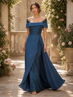 Off-the-Shoulder Royal Blue Lace Maxi Dress